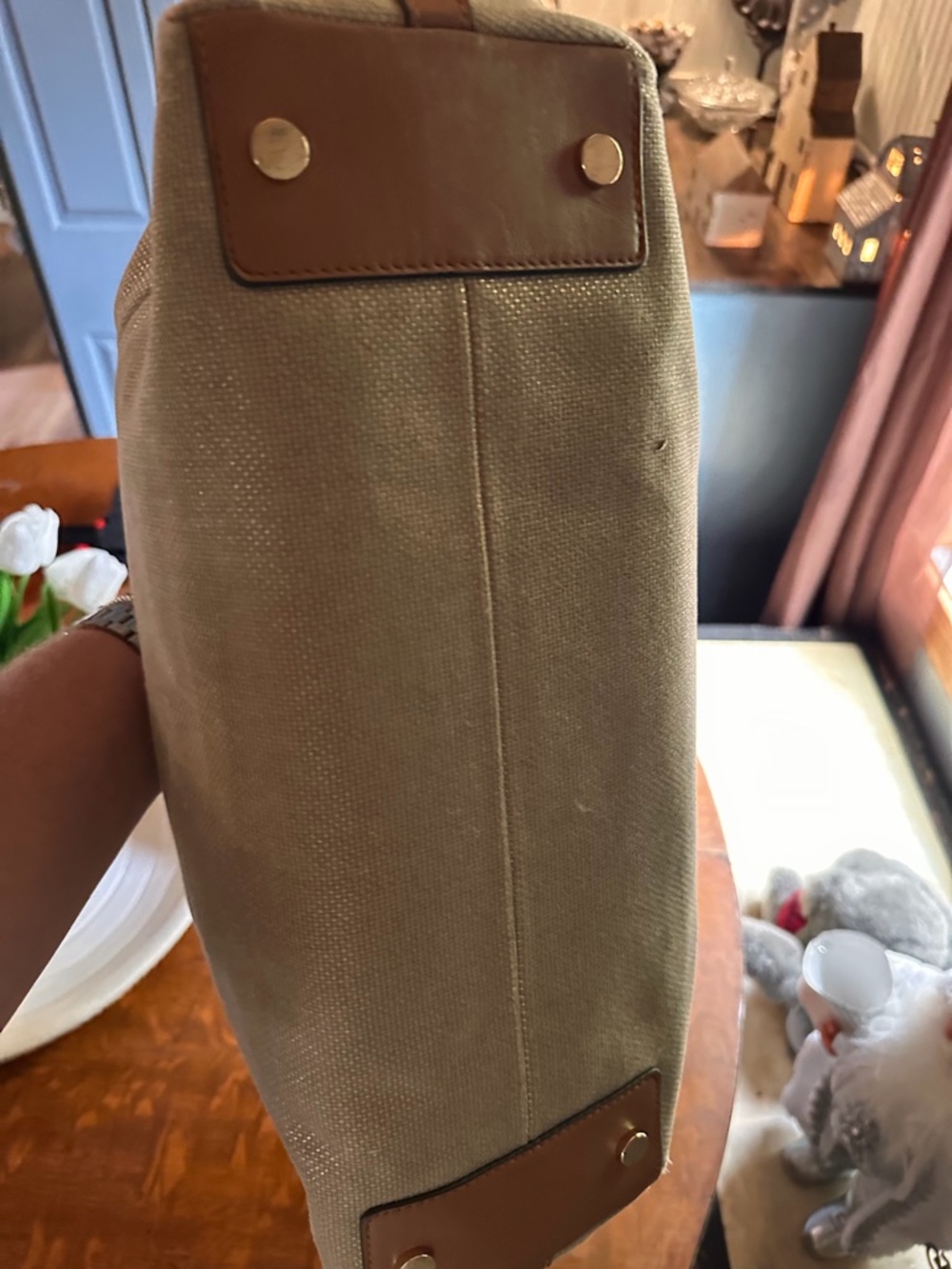 Michael Kors Beige Canvas Shoulder Tote with Tan Leather Trim - Picture 3 of 6